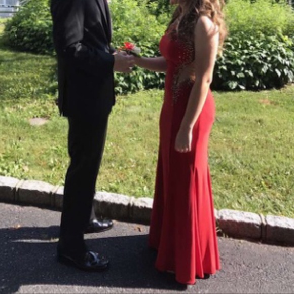 GLS Red With Gold Beads Long Prom Dress With Slit - Picture 6 of 14